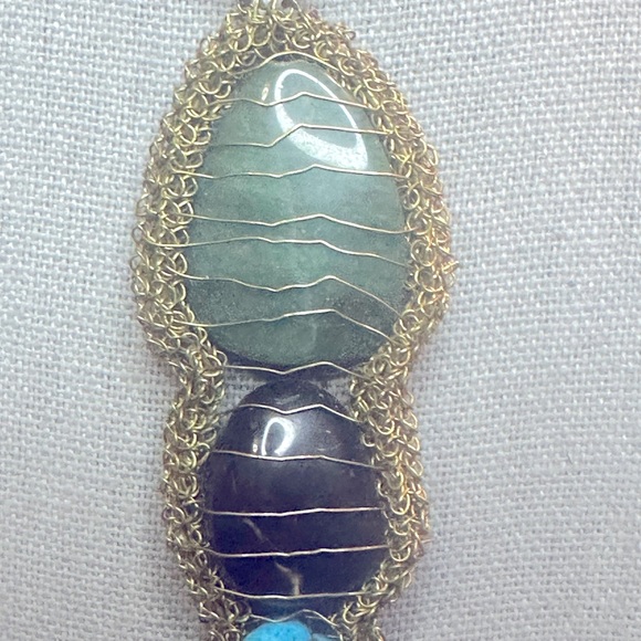 Vintage Handmade Wired Wrapped Turquoise, Jade, Pearl, Black Onyx Necklace - Picture 2 of 10